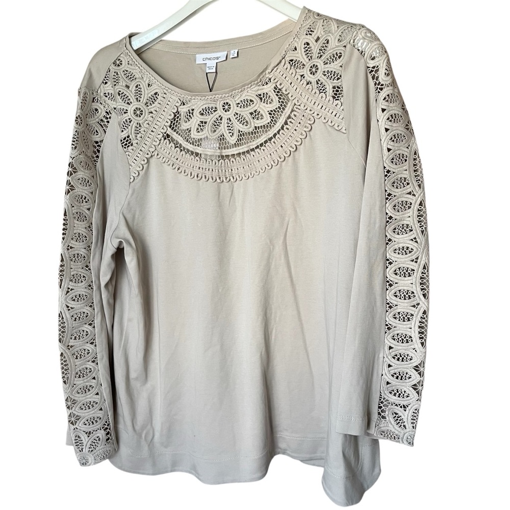Chico's‎ Cream Taupe Lace Cut-Out Tee